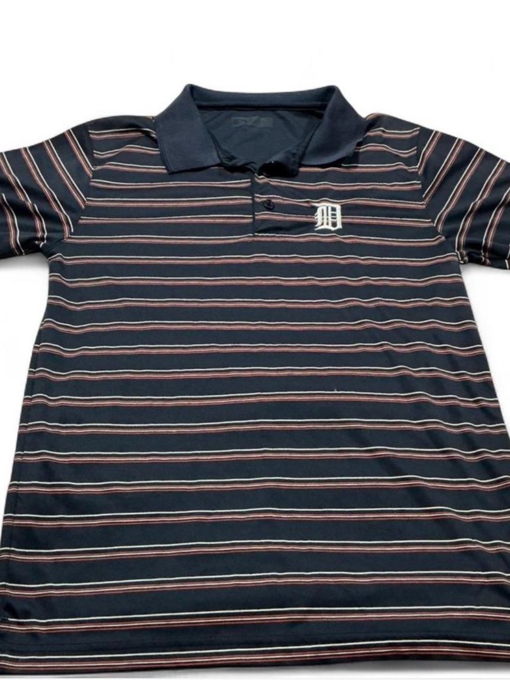 Mens Detroit Tigers MLB Navy Polo Thin Red and White Stripes Baseball Sz M *flaw